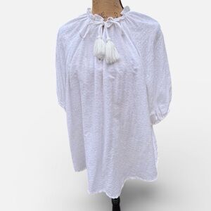 Knox Rose White Boho Peasant Tunic Top Size L | Tassel Tie Neck 100% Cotton